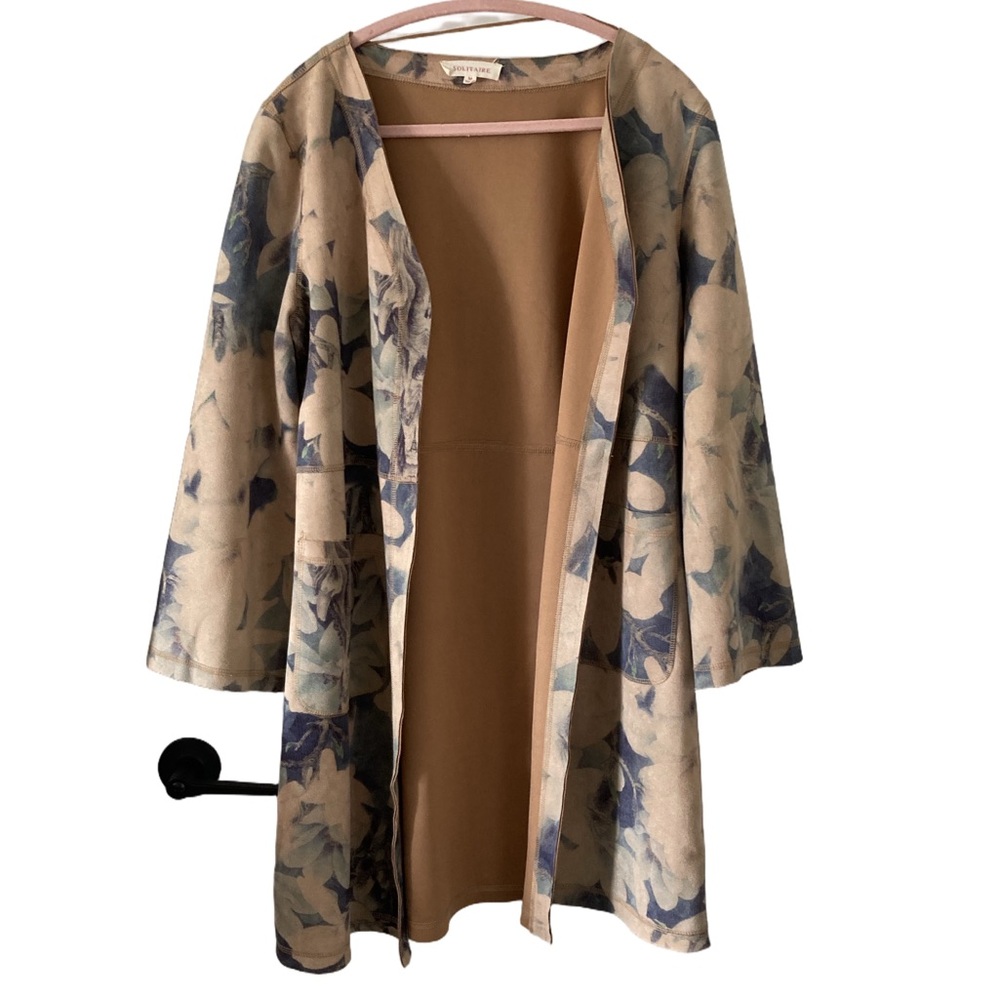 Solitaire Medium Faux Suede Floral Open Front Jacket Blue Cream Soft Duster